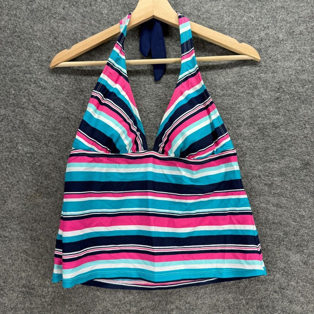 VM Tankini Top Women L Large Blue Striped Push Up Sleeveless Halter Neck